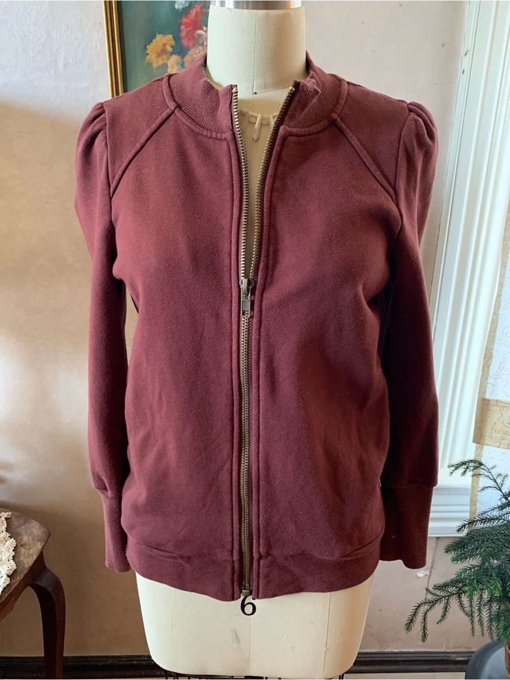 Böhme Women's Burgundy Zip-Front Sweatshirt Jacket Anthro